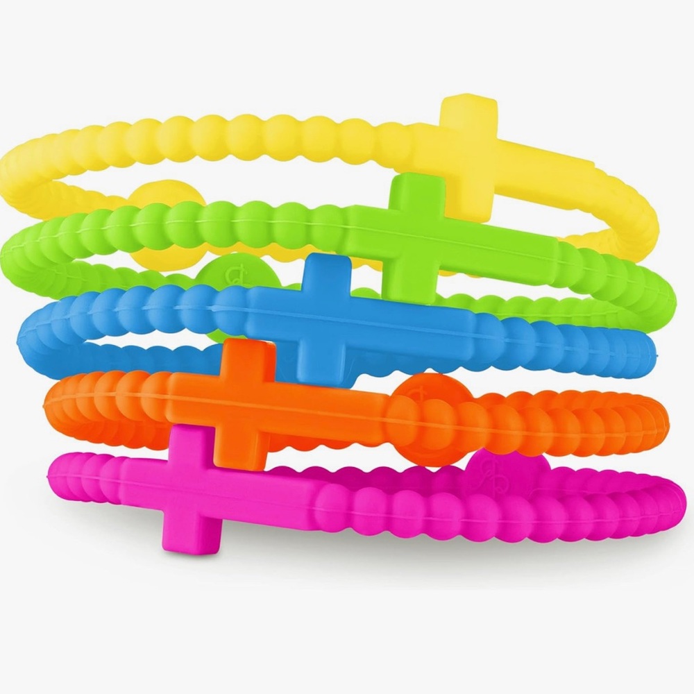 NEW!  Bright and colorful Silicone Cross Bracelets. Five bracelets in bag.